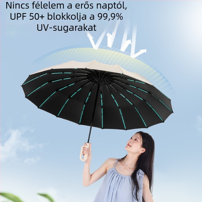 16 bordás esernyő, automata nyitás-zárás, UV védelem, nap és eső kettős használat, logó nyomtatás.