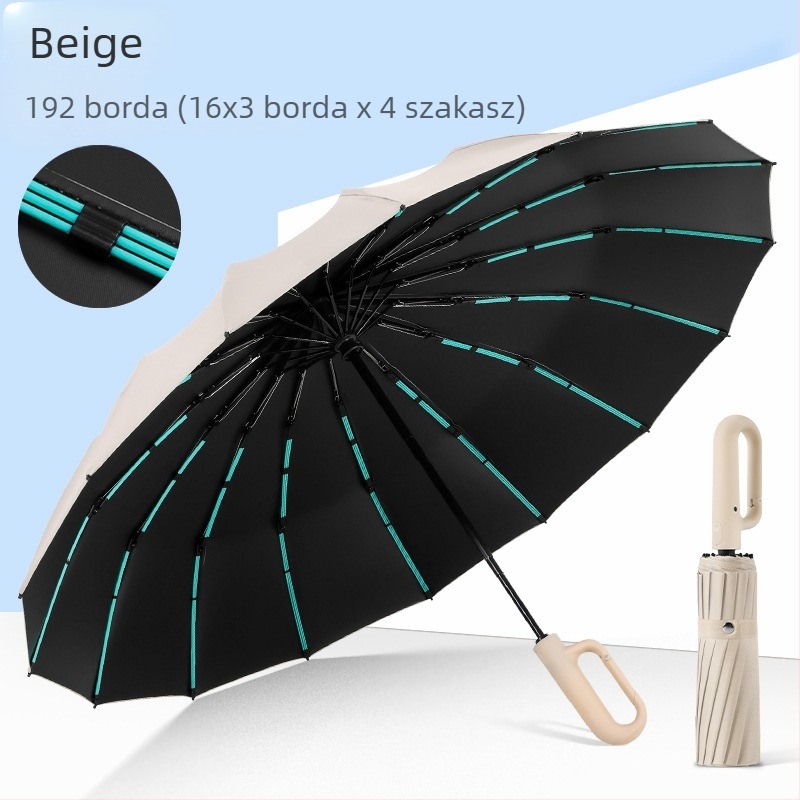 16 bordás esernyő, automata nyitás-zárás, UV védelem, nap és eső kettős használat, logó nyomtatás.