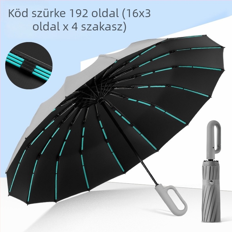 16 bordás esernyő, automata nyitás-zárás, UV védelem, nap és eső kettős használat, logó nyomtatás.