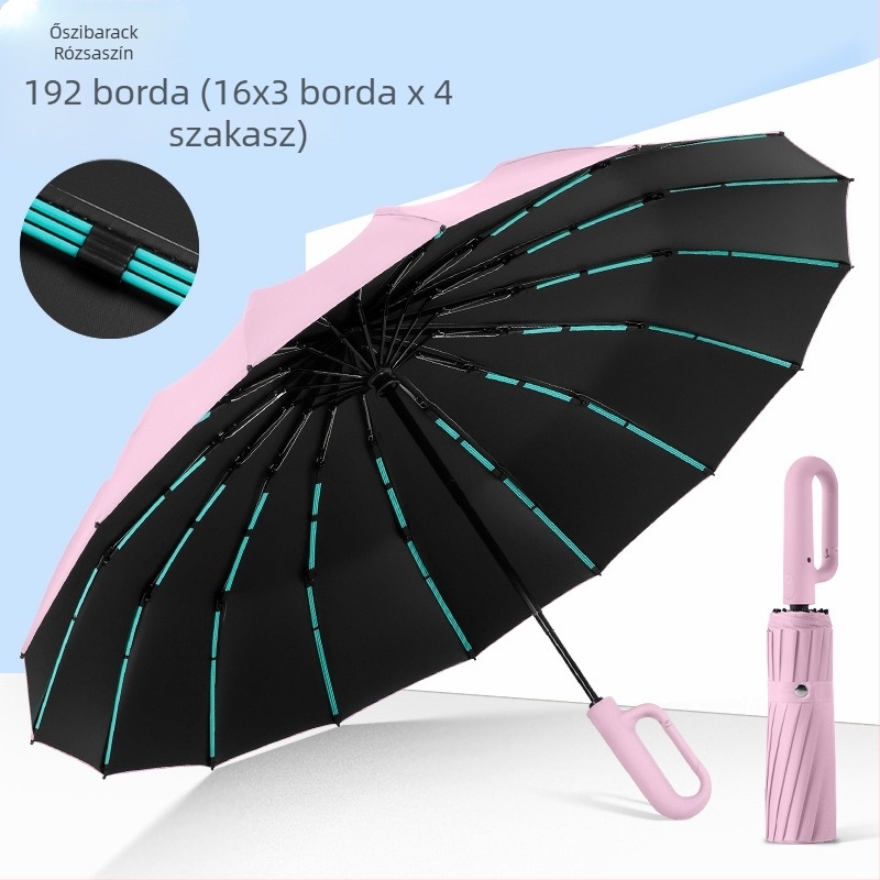 16 bordás esernyő, automata nyitás-zárás, UV védelem, nap és eső kettős használat, logó nyomtatás.