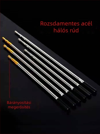 Rozsdamentes acélból készült teleszkópos halászati háló rúd, 6 részes, állítható, hossz 1.5–6 m, kampóval és gyümölcs szedő adapterrel