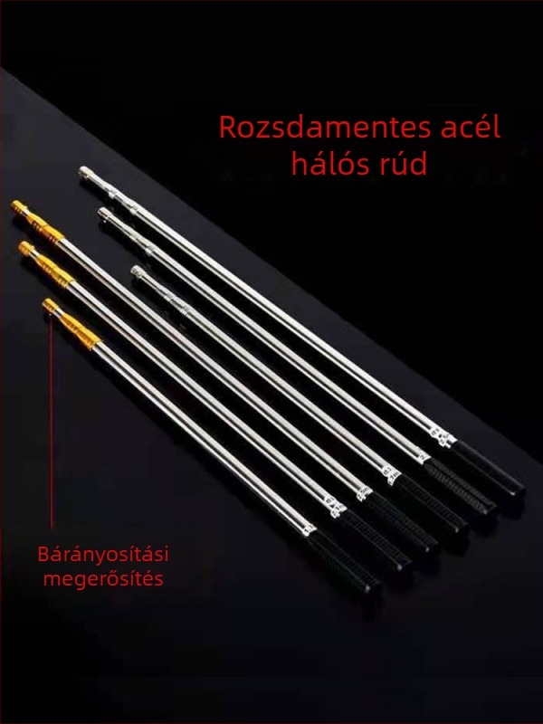 Rozsdamentes acélból készült teleszkópos halászati háló rúd, 6 részes, állítható, hossz 1.5–6 m, kampóval és gyümölcs szedő adapterrel