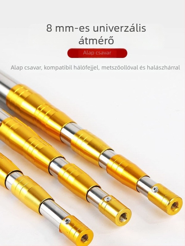 Rozsdamentes acélból készült teleszkópos halászati háló rúd, 6 részes, állítható, hossz 1.5–6 m, kampóval és gyümölcs szedő adapterrel