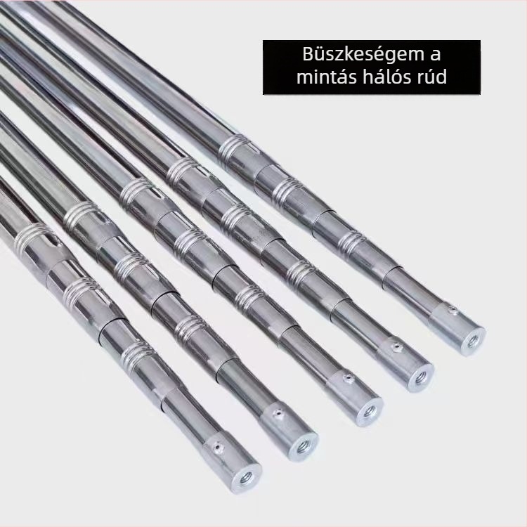 Rozsdamentes acélból készült teleszkópos halászati háló rúd, 6 részes, állítható, hossz 1.5–6 m, kampóval és gyümölcs szedő adapterrel