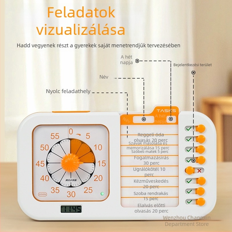 Gyerekeknek szóló időgazdálkodási óra csendes vizuális feladat-időmérővel — önfegyelem-emlékeztető, téglalap alakú ötvözet burkolat, analóg kijelző