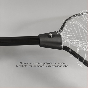 Monofilament háló alumíniumötvözetből csónakos halászathoz, kis szemű, hordozható és könnyű; nyílás 46×41 cm, mélység 80–90 cm, finom szemű háló, összecsukható