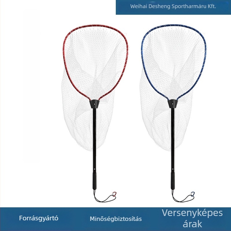 Monofilament háló alumíniumötvözetből csónakos halászathoz, kis szemű, hordozható és könnyű; nyílás 46×41 cm, mélység 80–90 cm, finom szemű háló, összecsukható