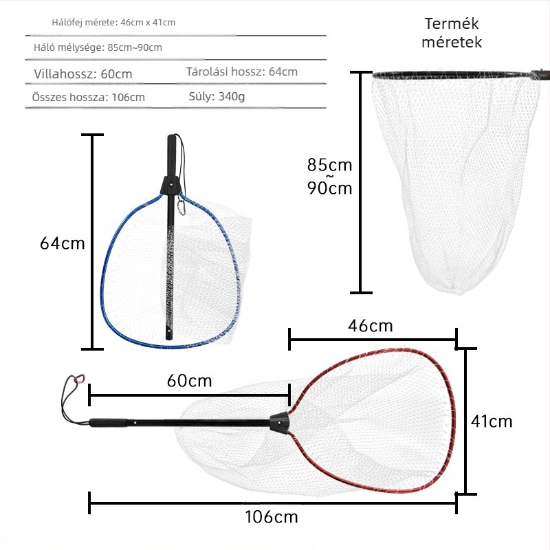 Monofilament háló alumíniumötvözetből csónakos halászathoz, kis szemű, hordozható és könnyű; nyílás 46×41 cm, mélység 80–90 cm, finom szemű háló, összecsukható
