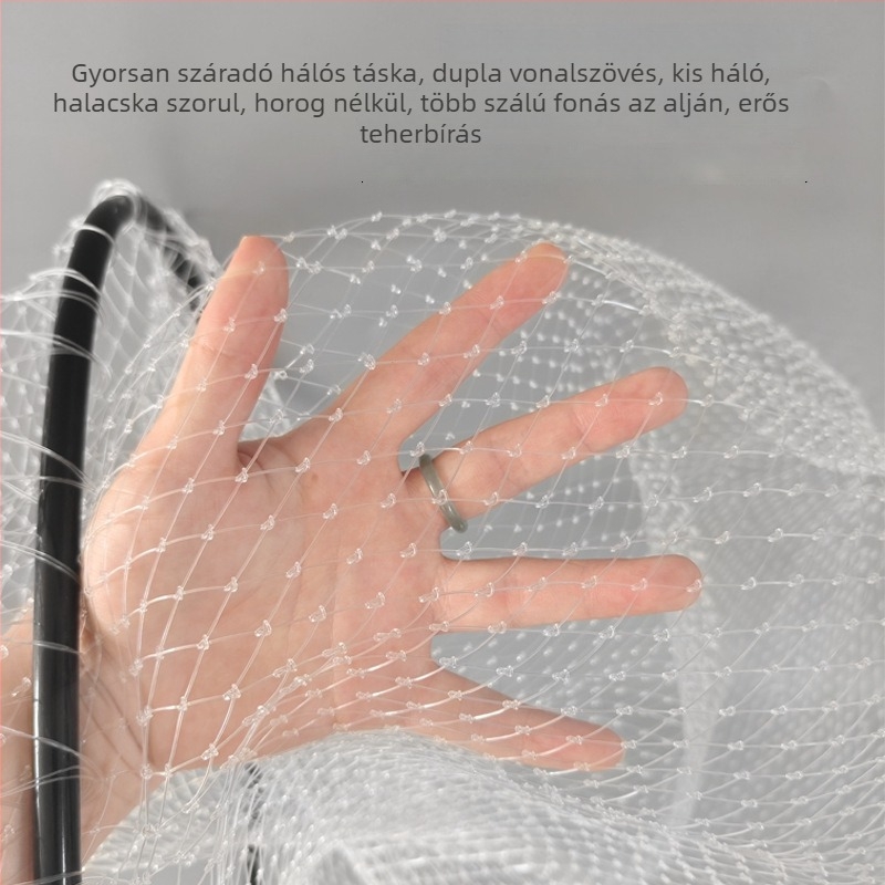 Monofilament háló alumíniumötvözetből csónakos halászathoz, kis szemű, hordozható és könnyű; nyílás 46×41 cm, mélység 80–90 cm, finom szemű háló, összecsukható