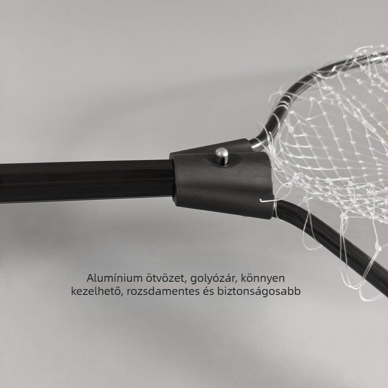 Monofilament háló alumíniumötvözetből csónakos halászathoz, kis szemű, hordozható és könnyű; nyílás 46×41 cm, mélység 80–90 cm, finom szemű háló, összecsukható