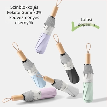 Női összecsukható nap- és eső ernyő UPF50+, logónyomás elérhető, 8 bordás váz rostos bordákkal, acél tengely, fa nyél, kézi nyitás-zárás