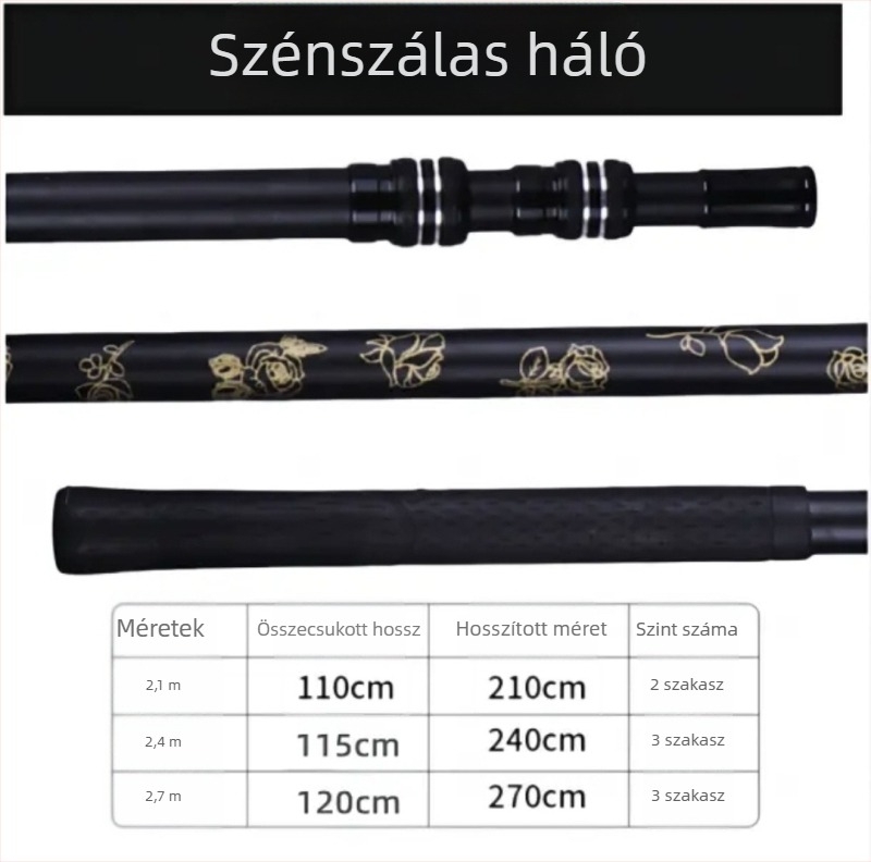 Gumírozott fogantyújú szénszálas teleszkópos horgász hálóbot (Anyag: Szénszál; Szakaszok száma: 4; Súly: Egyéb)