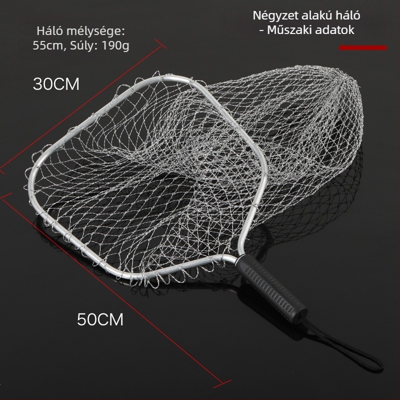 Merítőháló nagytestű halakhoz, nagy szemű, fonott kivitel, alumíniumötvözetből