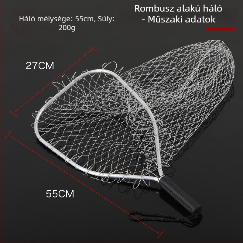 Merítőháló nagytestű halakhoz, nagy szemű, fonott kivitel, alumíniumötvözetből