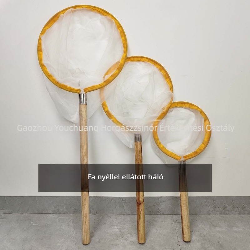 Merítőháló szilárd fából készült nyéllel, fémgyűrűvel és finom szemű nylon hálóval, nem zsugorodik