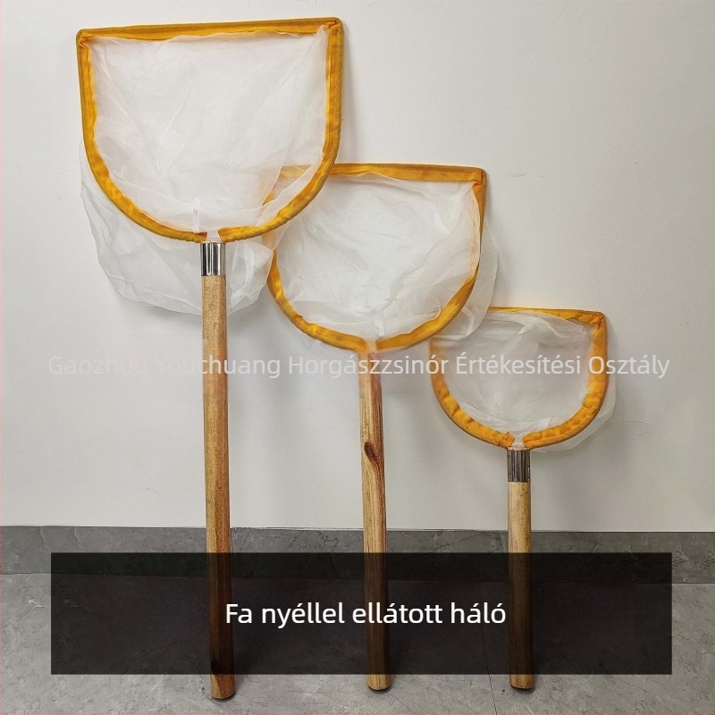 Merítőháló szilárd fából készült nyéllel, fémgyűrűvel és finom szemű nylon hálóval, nem zsugorodik