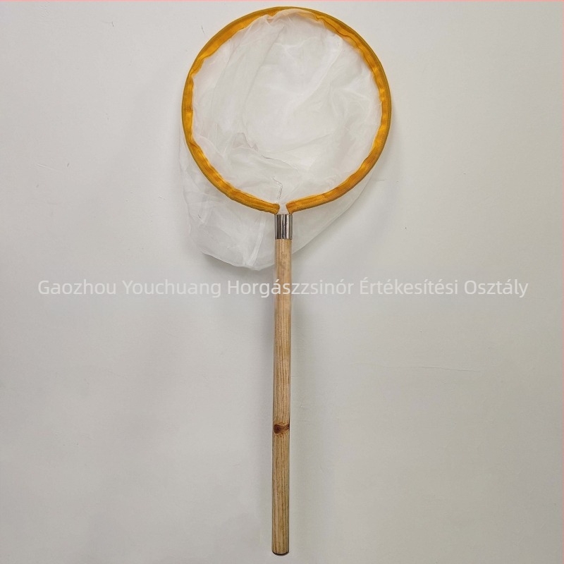 Merítőháló szilárd fából készült nyéllel, fémgyűrűvel és finom szemű nylon hálóval, nem zsugorodik