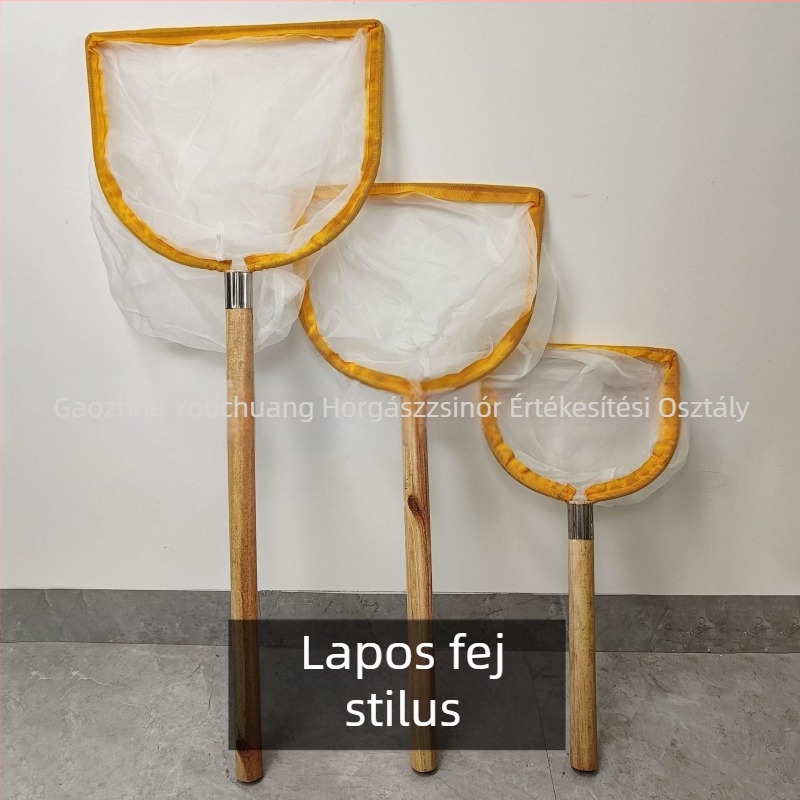 Merítőháló szilárd fából készült nyéllel, fémgyűrűvel és finom szemű nylon hálóval, nem zsugorodik