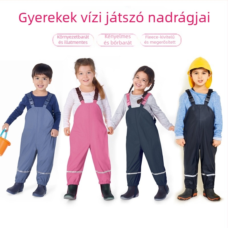 Gyerek esőnadrág dupla fleece béléses, PU anyagból, vízálló és lélegző réteggel a kültéri kalandokhoz