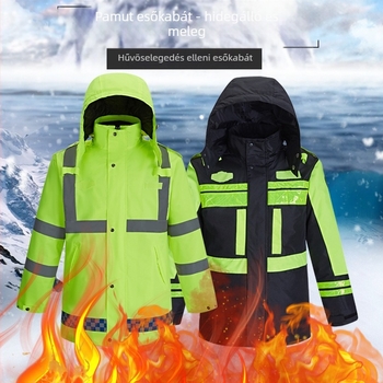 Téli szolgálati reflektív esőkabát meleg pamut béléses és levehető belső résszel, Oxford anyagból, vízálló