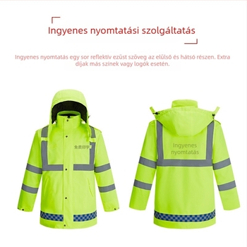 Téli szolgálati reflektív esőkabát meleg pamut béléses és levehető belső résszel, Oxford anyagból, vízálló