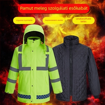 Téli szolgálati reflektív esőkabát meleg pamut béléses és levehető belső résszel, Oxford anyagból, vízálló
