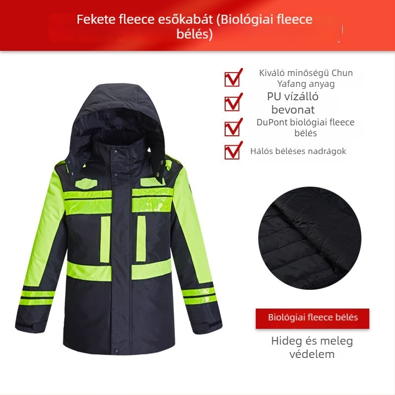 Téli szolgálati reflektív esőkabát meleg pamut béléses és levehető belső résszel, Oxford anyagból, vízálló
