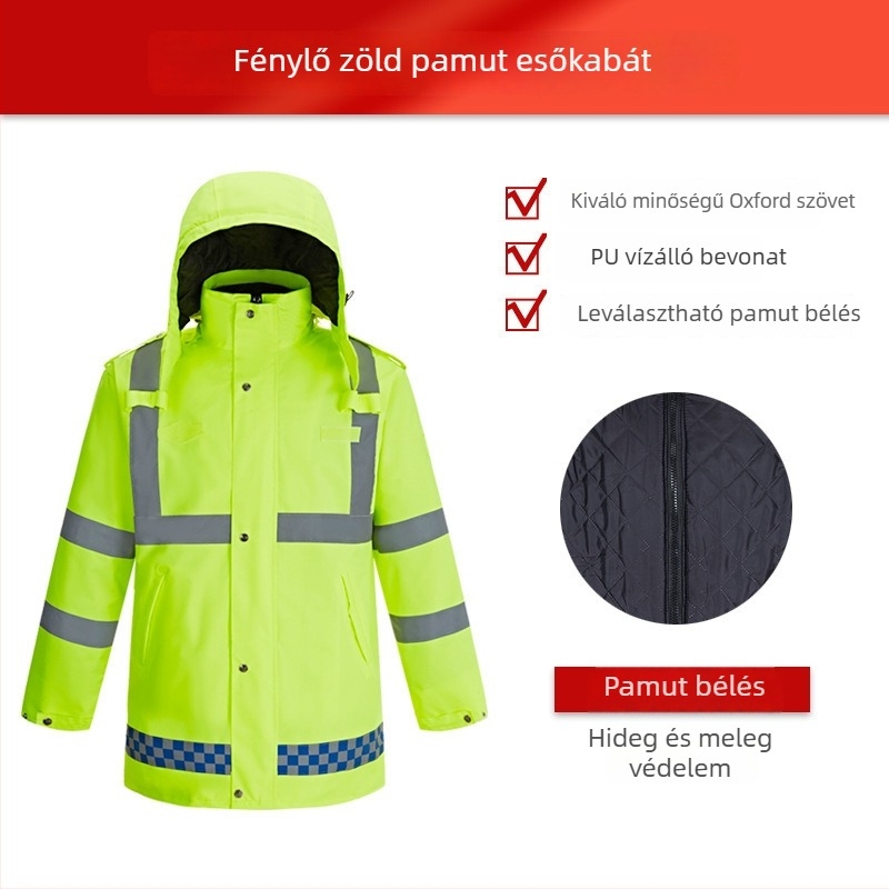 Téli szolgálati reflektív esőkabát meleg pamut béléses és levehető belső résszel, Oxford anyagból, vízálló