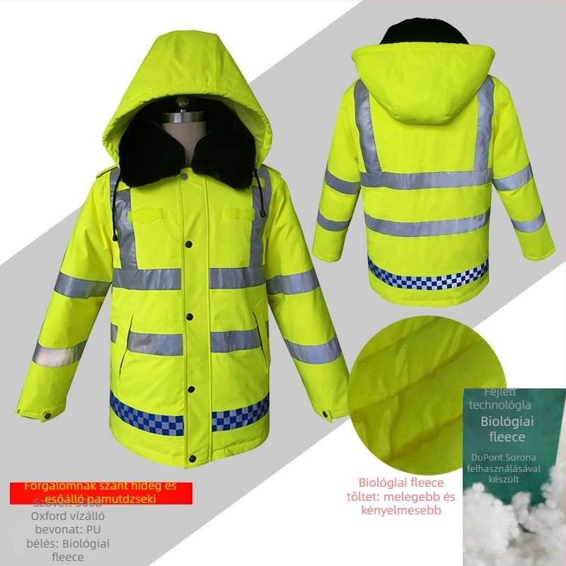 Téli szolgálati reflektív esőkabát meleg pamut béléses és levehető belső résszel, Oxford anyagból, vízálló