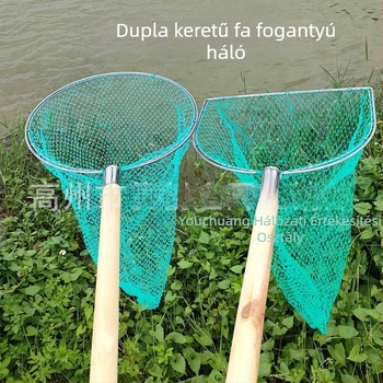 Dupla keretes horgász háló fa nyéllel, durva szemű, nem zsugorodik