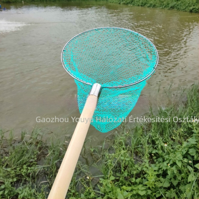Dupla keretes horgász háló fa nyéllel, durva szemű, nem zsugorodik