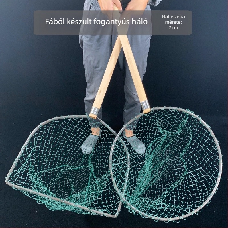 Fa fogantyújú horgász háló vasgyűrűvel, hatszálas dróthálóból