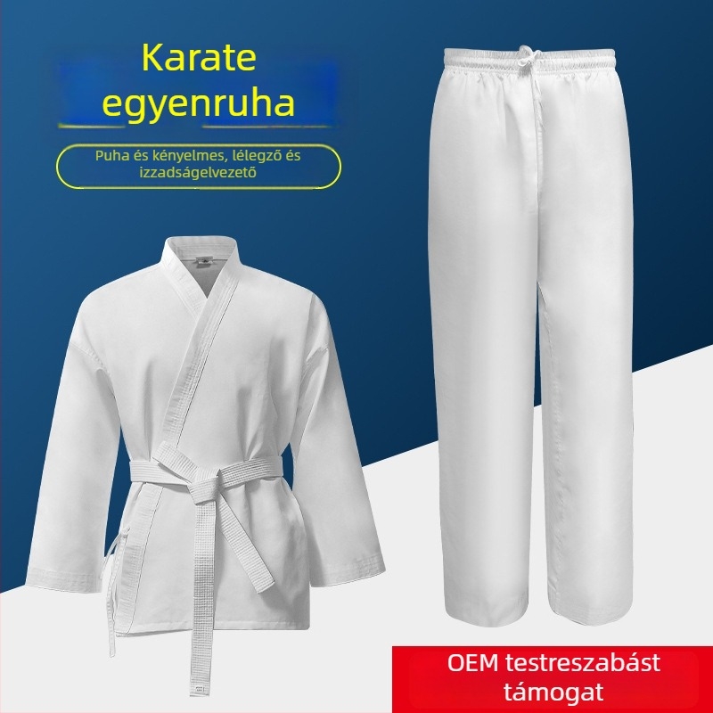 Csíkos karate egyenruhák felnőtteknek és gyerekeknek, Taekwondo edzésruha, pamut-poliészter anyag 20% poliészter