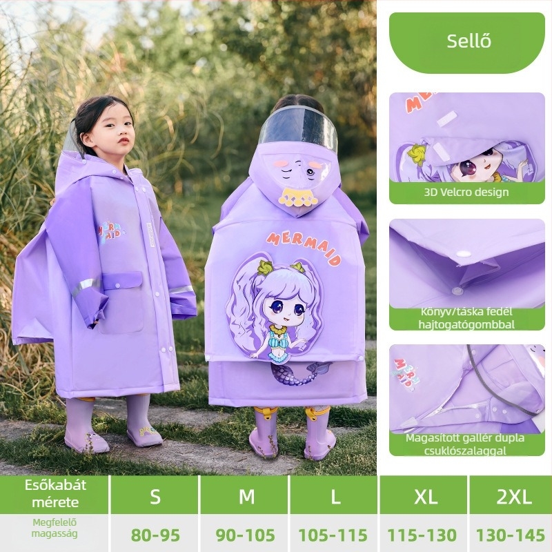 Gyerek esőponcho 3D hátizsákkal, EVA anyagból, normál vastagságú, PE ragasztó a vízállóságért