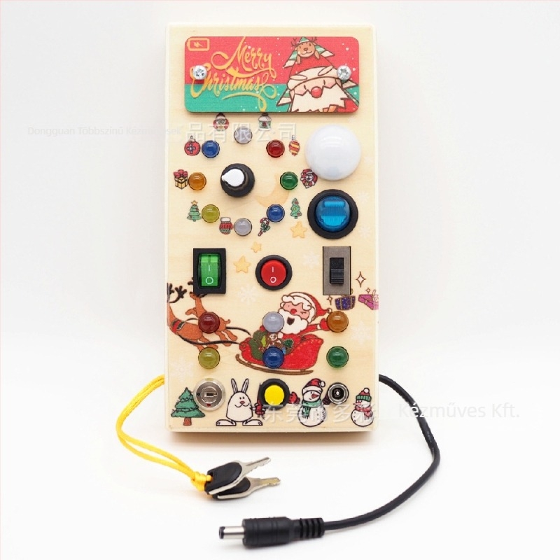 Fából készült foglalkoztató tábla a korai neveléshez LED világítással, aljzatokkal és kapcsolókkal — Elemmel működő interaktív játék 4–6 éveseknek