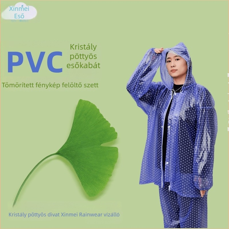 Uniszex két darabos esőruha (esőkabát és esőnadrág), vízálló PVC, 18S anyag, vastag PVC réteg