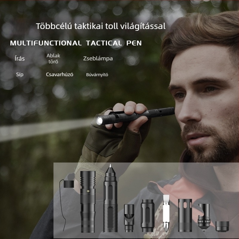 Többcélú taktikai toll zseblámpával és üveg törő kalapáccsal — Far ZSB-03, Survival Tools, alumínium ötvözet