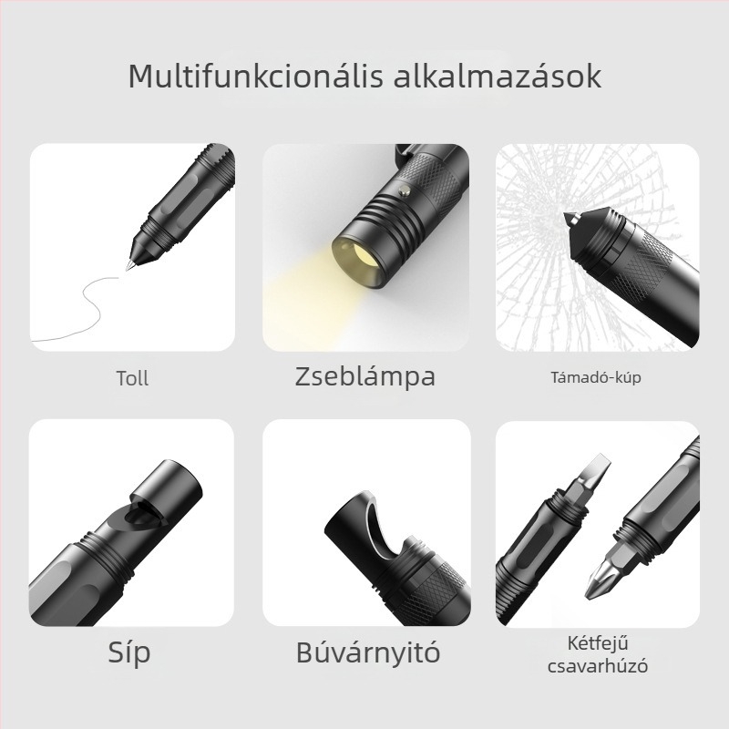 Többcélú taktikai toll zseblámpával és üveg törő kalapáccsal — Far ZSB-03, Survival Tools, alumínium ötvözet
