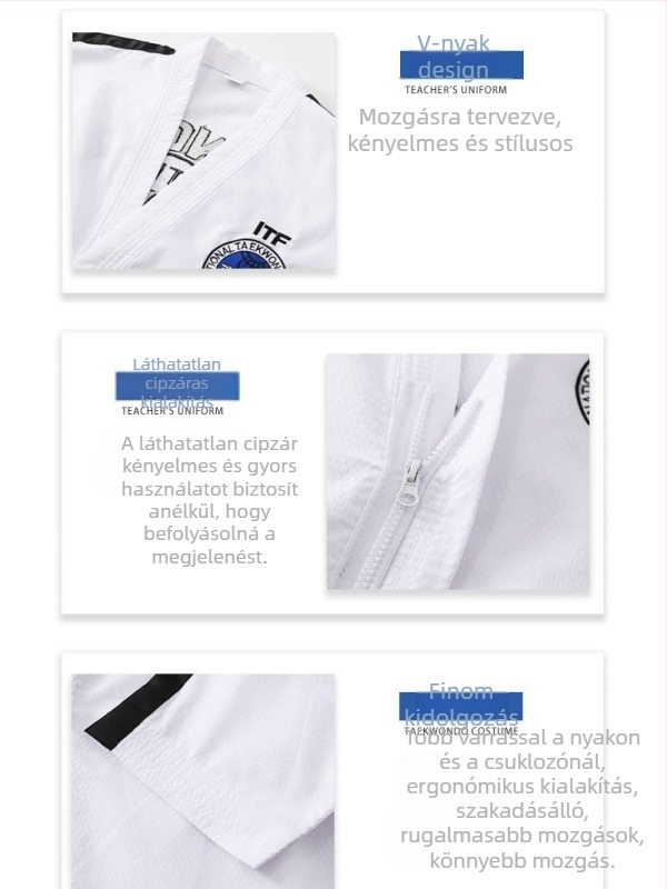 Taekwondo verseny edzőruha, uniszex, poliészter anyag belső pamut bélés, 100% poliészter
