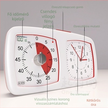 Diákok számára csendes időzítő-óra ébresztővel, 2 az 1-ben Gear Clock, kvarc működés, LED kijelző analóg és digitális, akkumulátoros működés, téglalap alakú, tanuláshoz és irodába