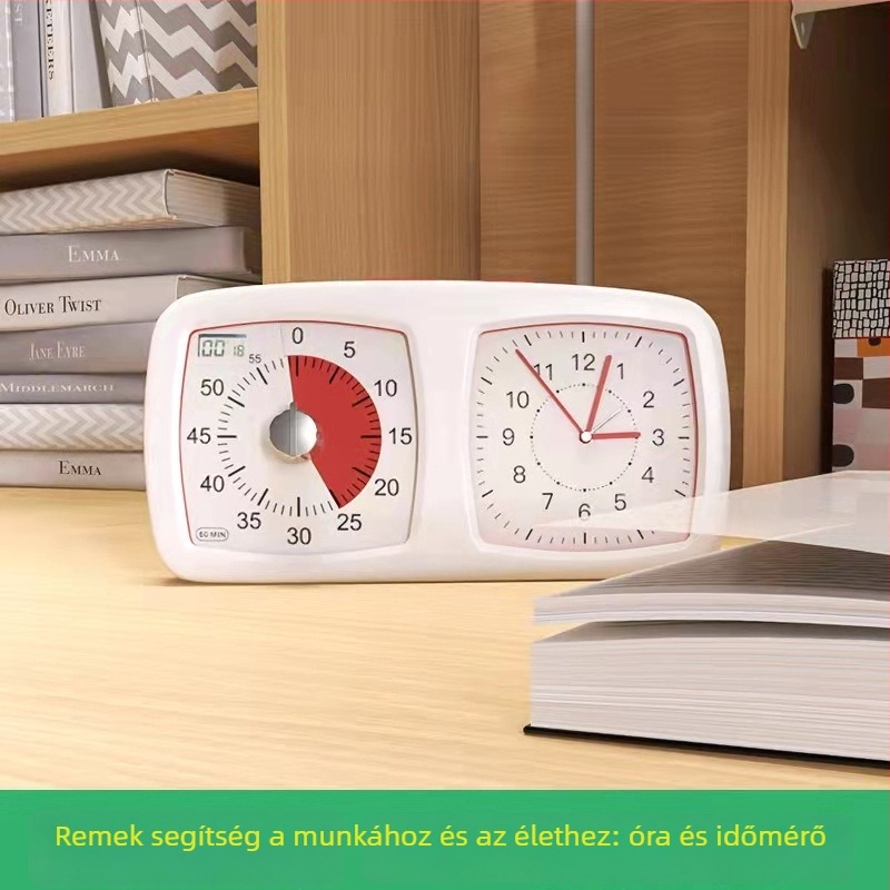 Diákok számára csendes időzítő-óra ébresztővel, 2 az 1-ben Gear Clock, kvarc működés, LED kijelző analóg és digitális, akkumulátoros működés, téglalap alakú, tanuláshoz és irodába