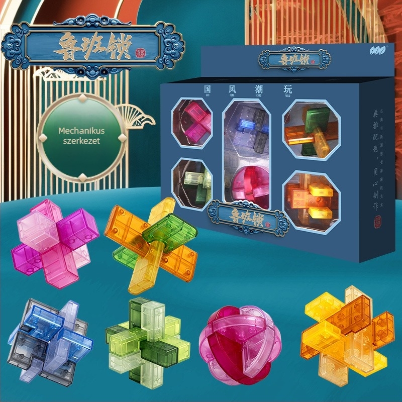 Kong Ming Lock / Luban Lock – műanyag puzzleblokkok nyitási funkcióval, 4–6 éveseknek, Shantou, Guangdong