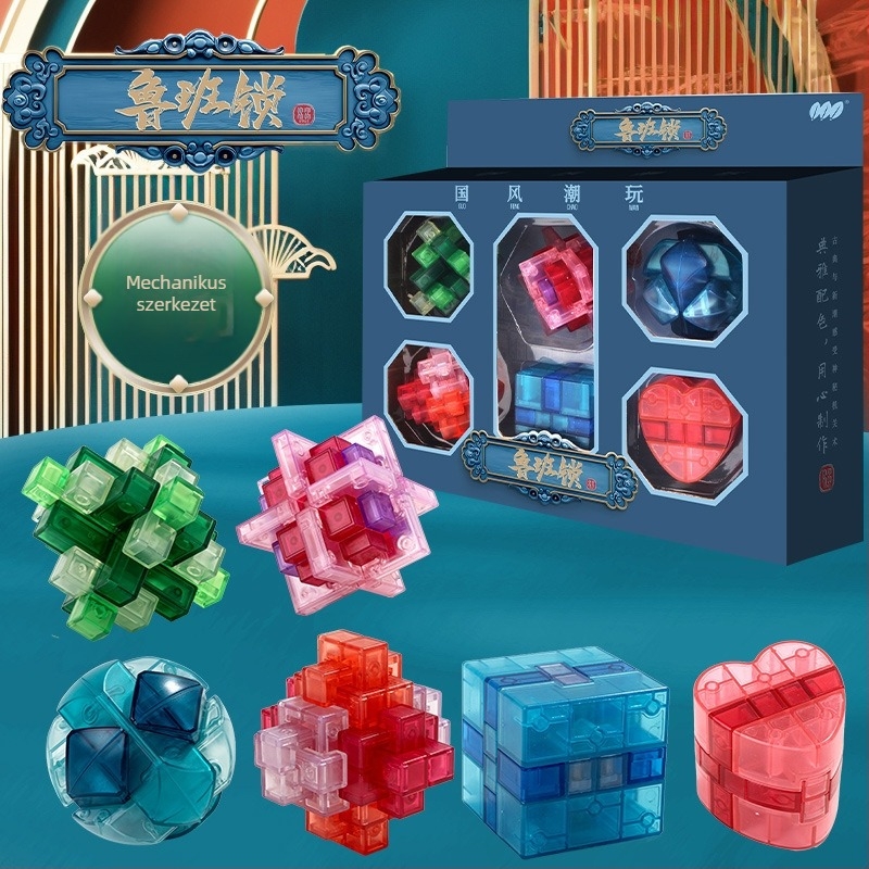 Kong Ming Lock / Luban Lock – műanyag puzzleblokkok nyitási funkcióval, 4–6 éveseknek, Shantou, Guangdong