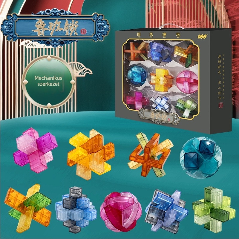 Kong Ming Lock / Luban Lock – műanyag puzzleblokkok nyitási funkcióval, 4–6 éveseknek, Shantou, Guangdong