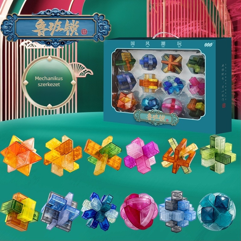 Kong Ming Lock / Luban Lock – műanyag puzzleblokkok nyitási funkcióval, 4–6 éveseknek, Shantou, Guangdong