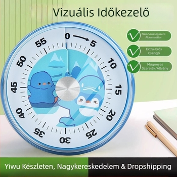 Mechanikus vizuális időzítő, kör alakú műanyag ház, kézi működtetés, tanuláshoz és konyhai főzéshez