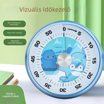 Mechanikus vizuális időzítő, kör alakú műanyag ház, kézi működtetés, tanuláshoz és konyhai főzéshez