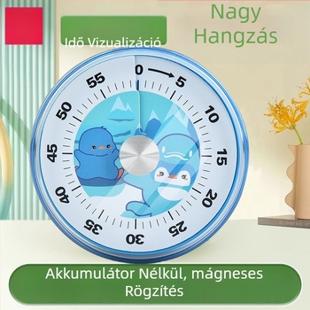Mechanikus vizuális időzítő, kör alakú műanyag ház, kézi működtetés, tanuláshoz és konyhai főzéshez