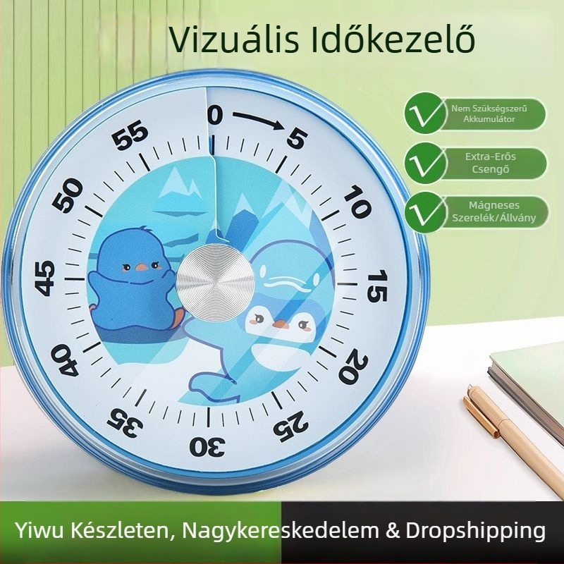 Mechanikus vizuális időzítő, kör alakú műanyag ház, kézi működtetés, tanuláshoz és konyhai főzéshez
