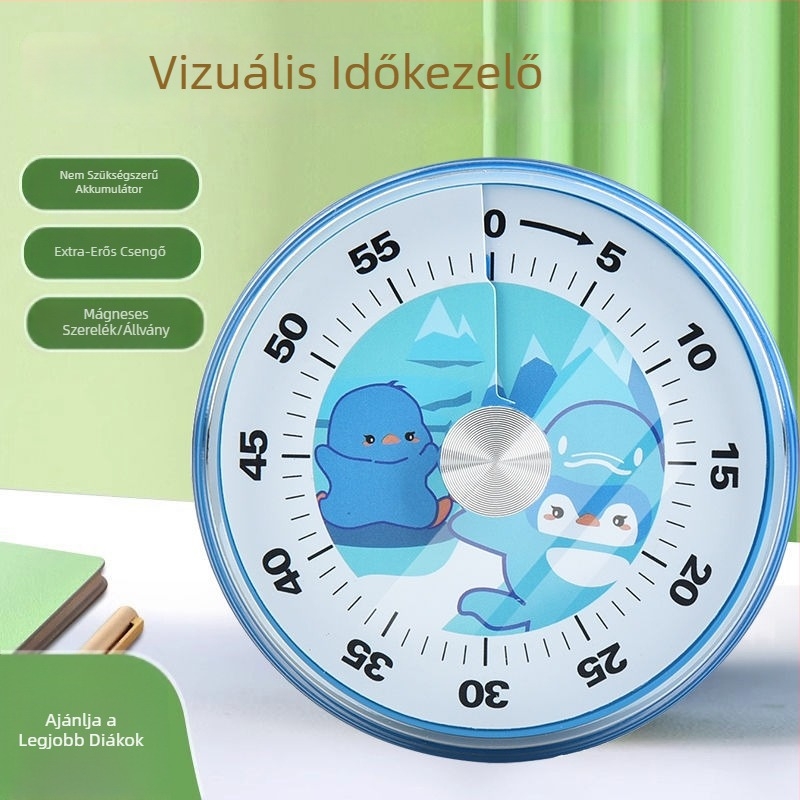 Mechanikus vizuális időzítő, kör alakú műanyag ház, kézi működtetés, tanuláshoz és konyhai főzéshez
